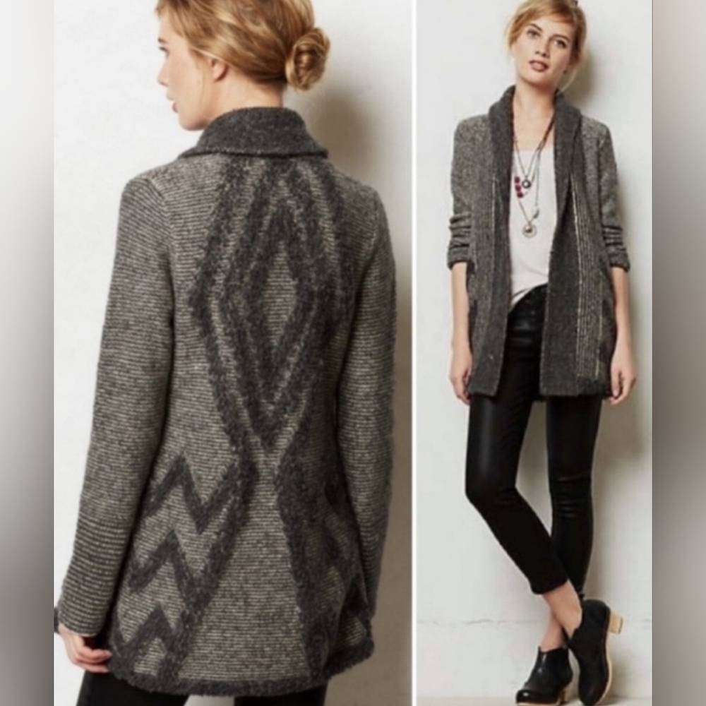✨️HOST PICK✨️ Anthropologie Wool Blend Open Cardigan Grey Geometric Sweater